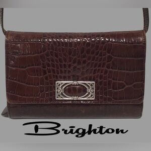 BRIGHTON Vintage Croc Embossed Leather Crossbody Clutch Wallet Brown Black